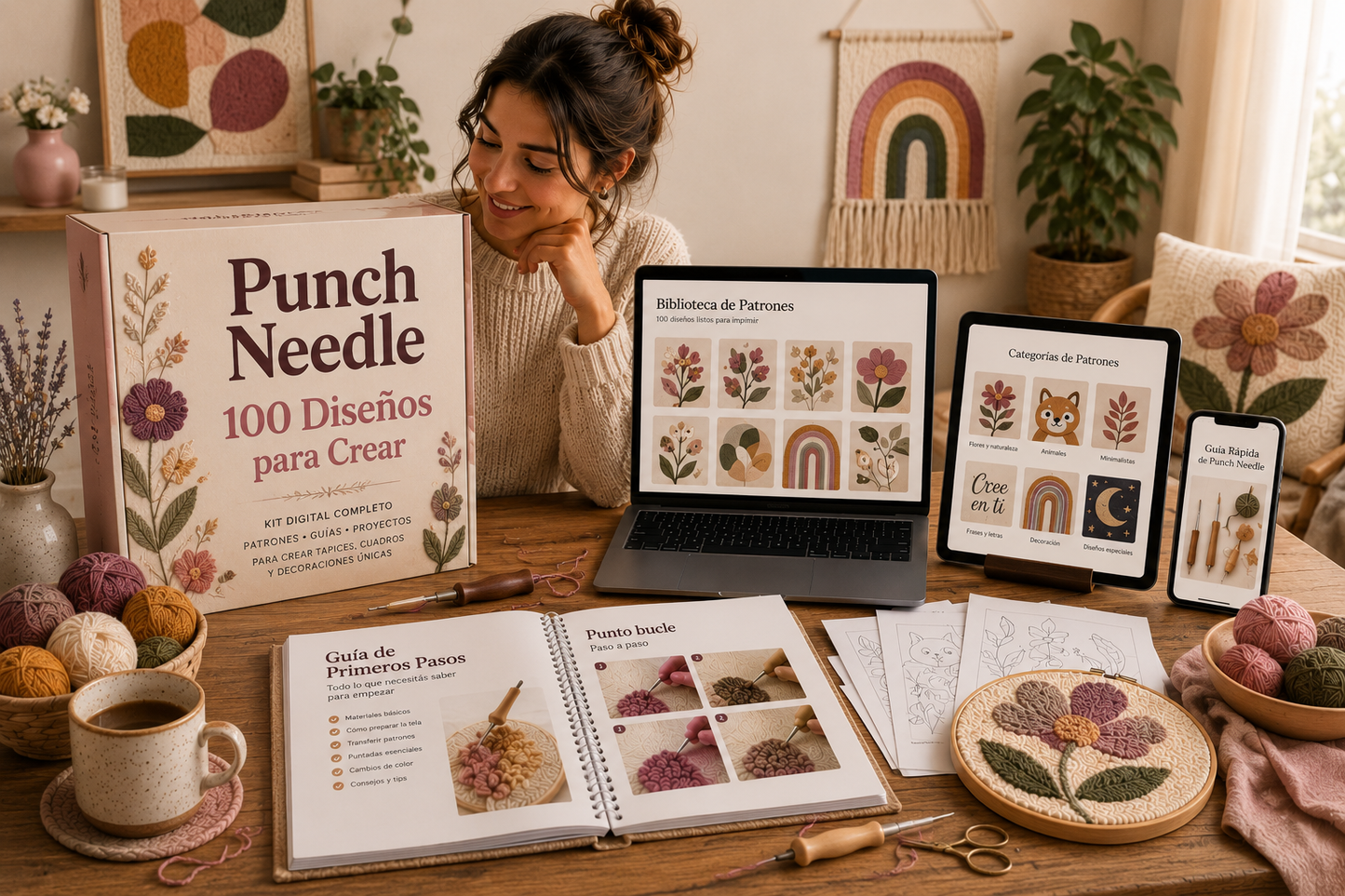 PUNCH NEEDLE + 100 DISEÑOS PARA CREAR + 5 BONOS DE REGALO 🎁